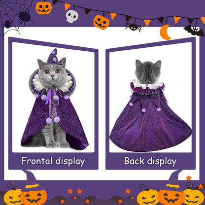 Pet Halloween Costume with Hat, Dog Clothes Cosplay Wizard Cloak for Small Puppy Kitten Animal, Shiny Cat Outfit Suit for Party Holiday Christmas, Purple