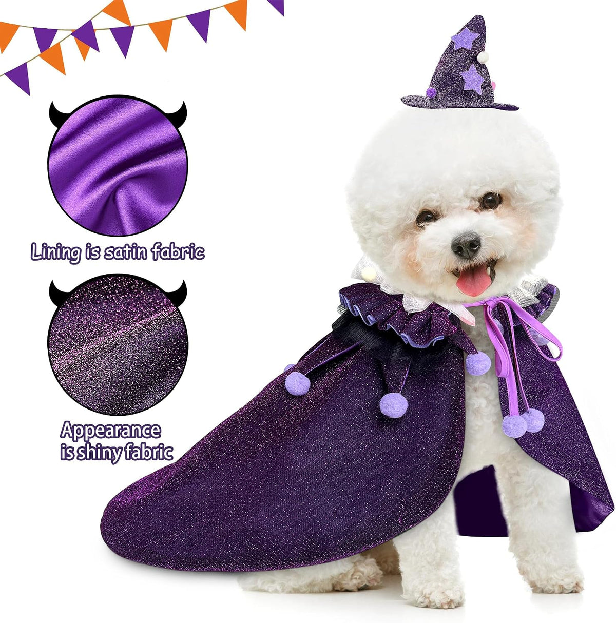 Pet Halloween Costume with Hat, Dog Clothes Cosplay Wizard Cloak for Small Puppy Kitten Animal, Shiny Cat Outfit Suit for Party Holiday Christmas, Purple