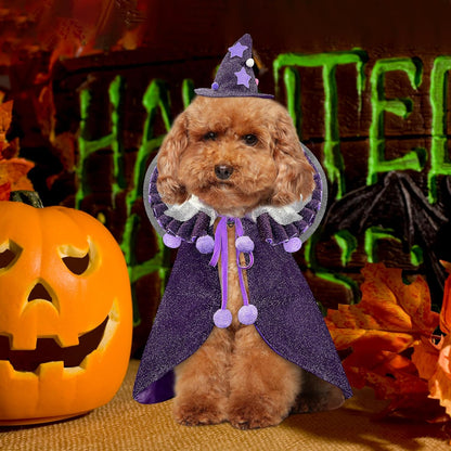 Pet Halloween Costume with Hat, Dog Clothes Cosplay Wizard Cloak for Small Puppy Kitten Animal, Shiny Cat Outfit Suit for Party Holiday Christmas, Purple