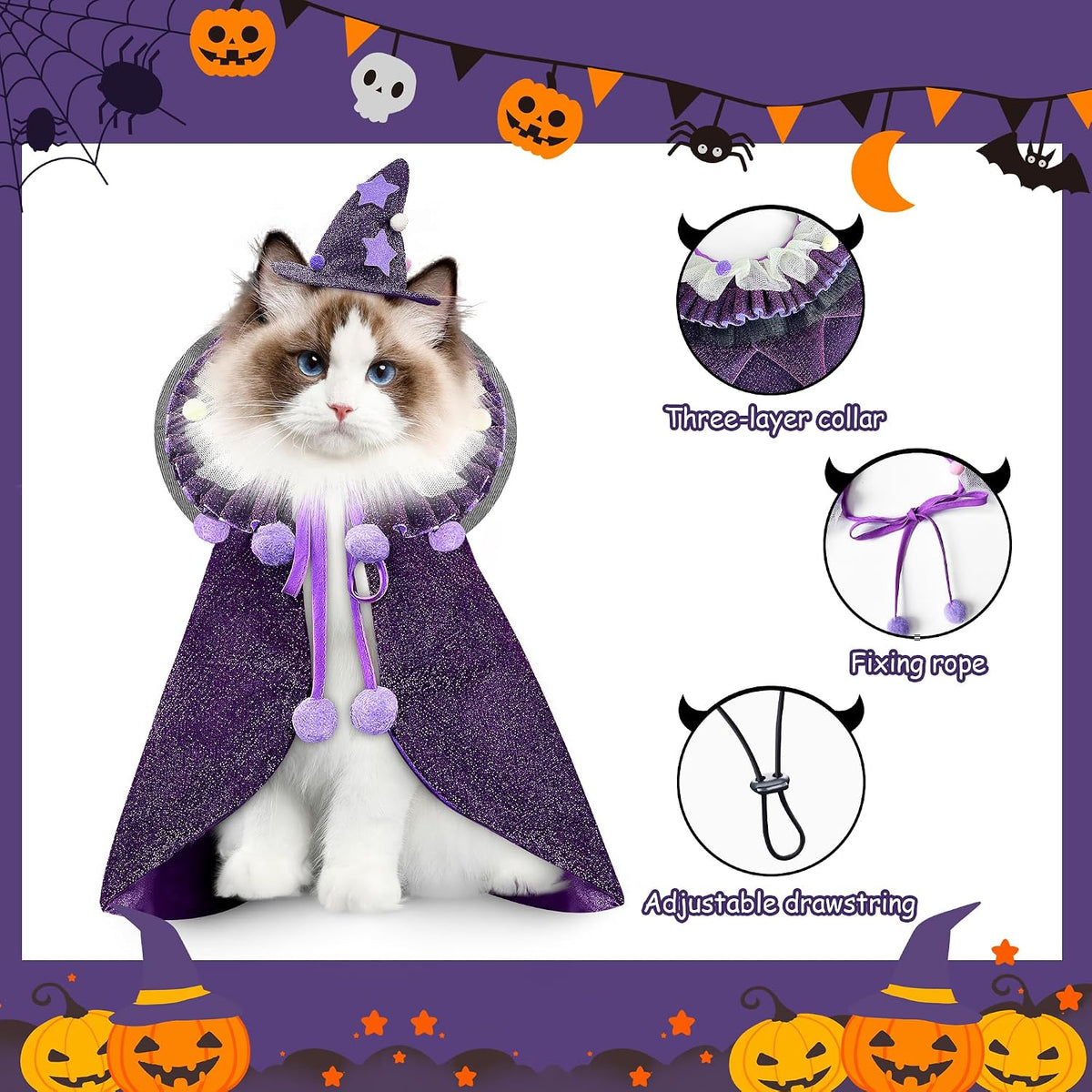 Pet Halloween Costume with Hat, Dog Clothes Cosplay Wizard Cloak for Small Puppy Kitten Animal, Shiny Cat Outfit Suit for Party Holiday Christmas, Purple