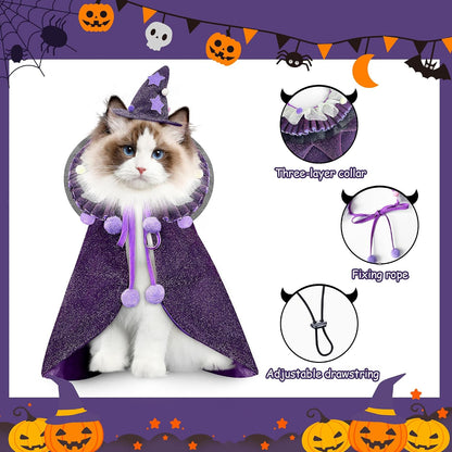 Pet Halloween Costume with Hat, Dog Clothes Cosplay Wizard Cloak for Small Puppy Kitten Animal, Shiny Cat Outfit Suit for Party Holiday Christmas, Purple