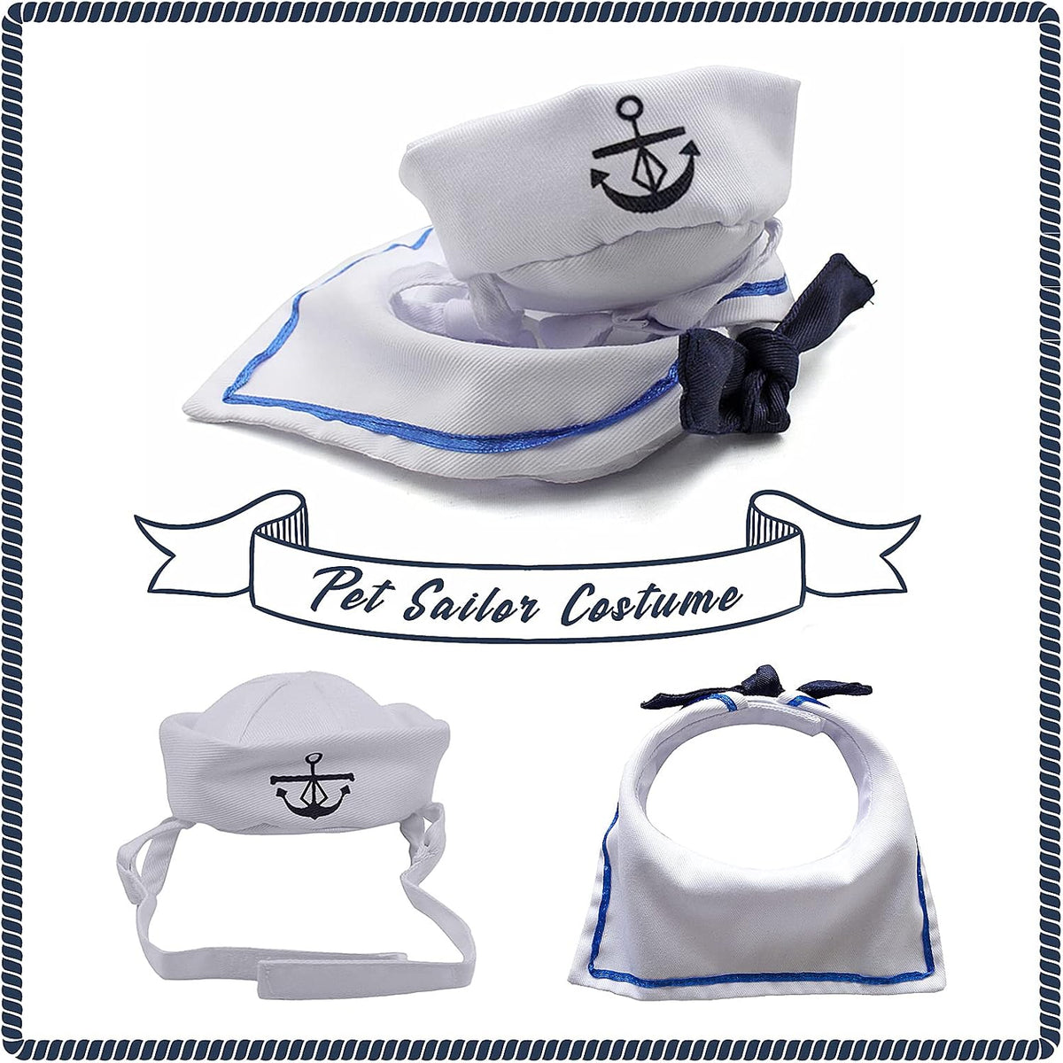 Cat Sailor Costume, Halloween Small Dog Sailor Hat Outfit with Tie, Adjustable Pet Navy Costume for Cats Doggies Rabbits Cosplay