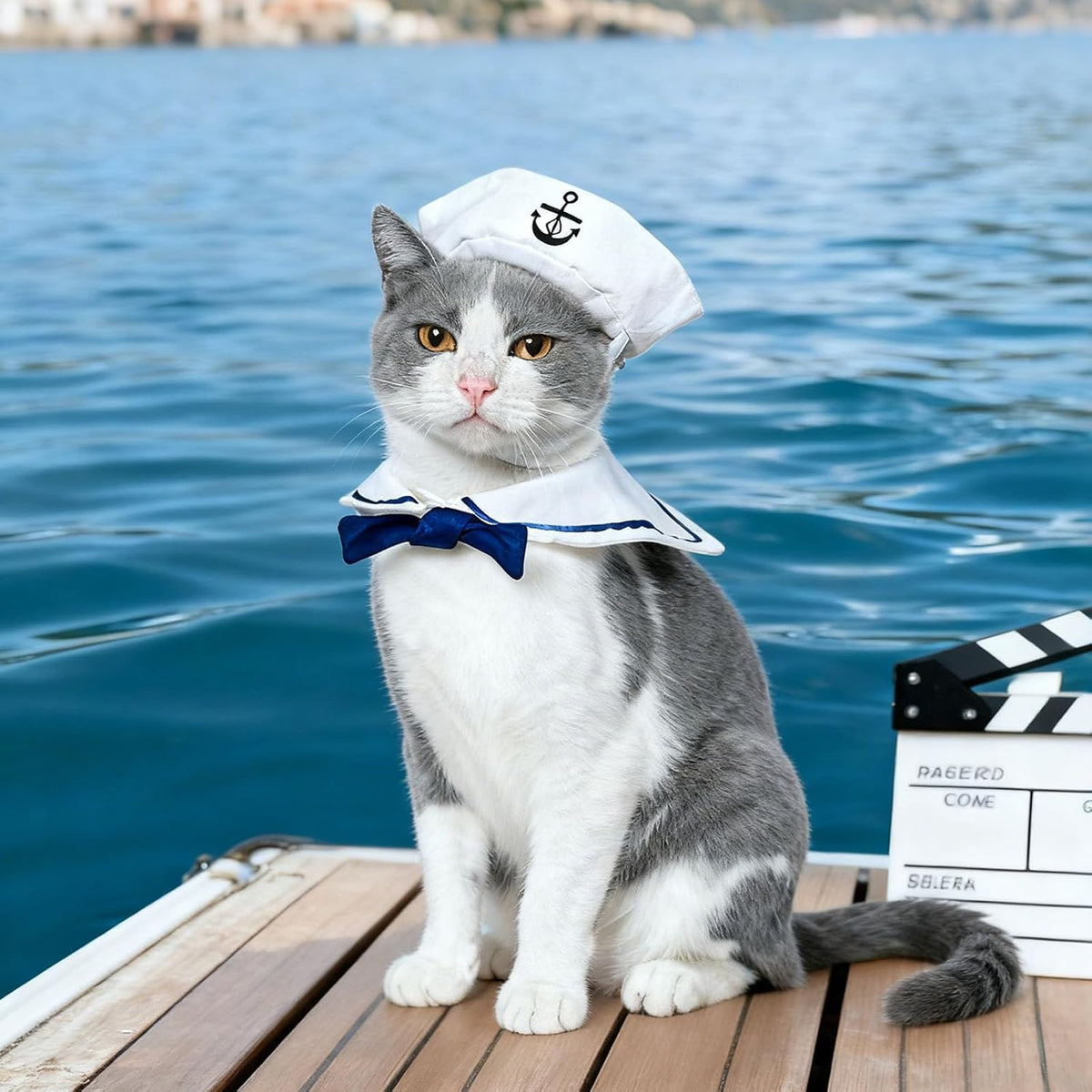 Cat Sailor Costume, Halloween Small Dog Sailor Hat Outfit with Tie, Adjustable Pet Navy Costume for Cats Doggies Rabbits Cosplay