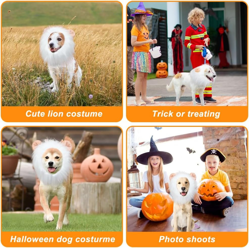 Lion Mane Dog Costume, Adjustable Lion Wig with Faux Fur for Medium Dogs, Halloween Dog Accessory Perfect for Parties, Photoshoots, and Role-Playing (Medium, White)