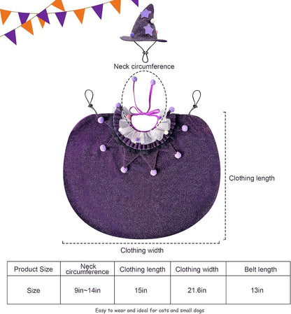 Pet Halloween Costume with Hat, Dog Clothes Cosplay Wizard Cloak for Small Puppy Kitten Animal, Shiny Cat Outfit Suit for Party Holiday Christmas, Purple