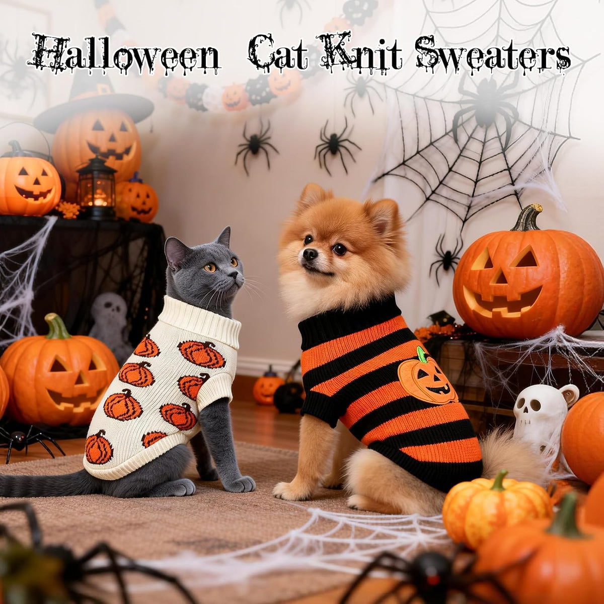 Pumpkin Turtleneck Cat Sweater 2Pack for 9-12.5Lb Large Cats L