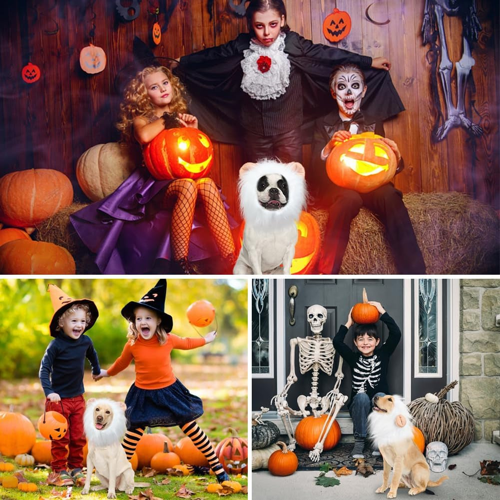 Lion Mane Dog Costume, Adjustable Lion Wig with Faux Fur for Medium Dogs, Halloween Dog Accessory Perfect for Parties, Photoshoots, and Role-Playing (Medium, White)