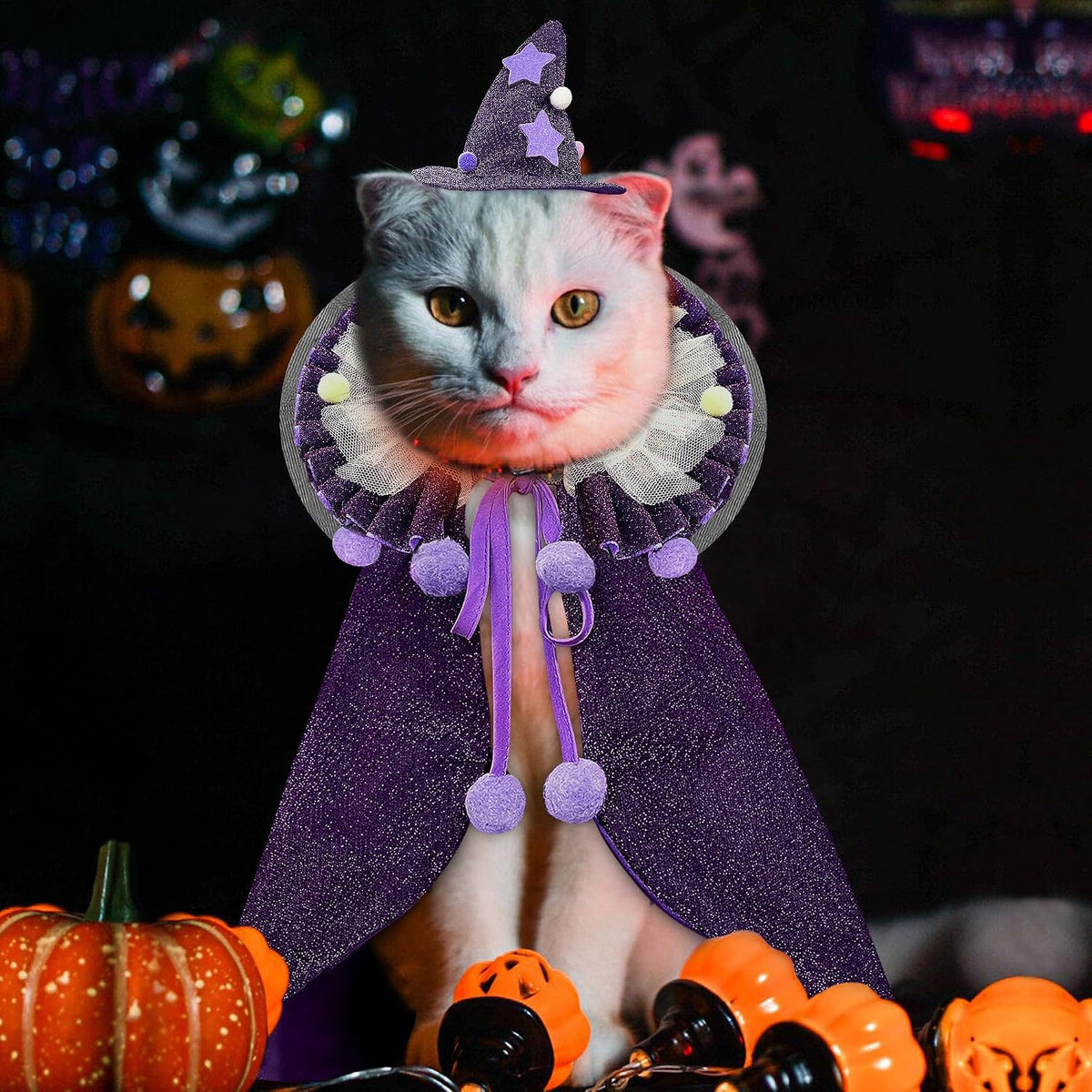 Pet Halloween Costume with Hat, Dog Clothes Cosplay Wizard Cloak for Small Puppy Kitten Animal, Shiny Cat Outfit Suit for Party Holiday Christmas, Purple