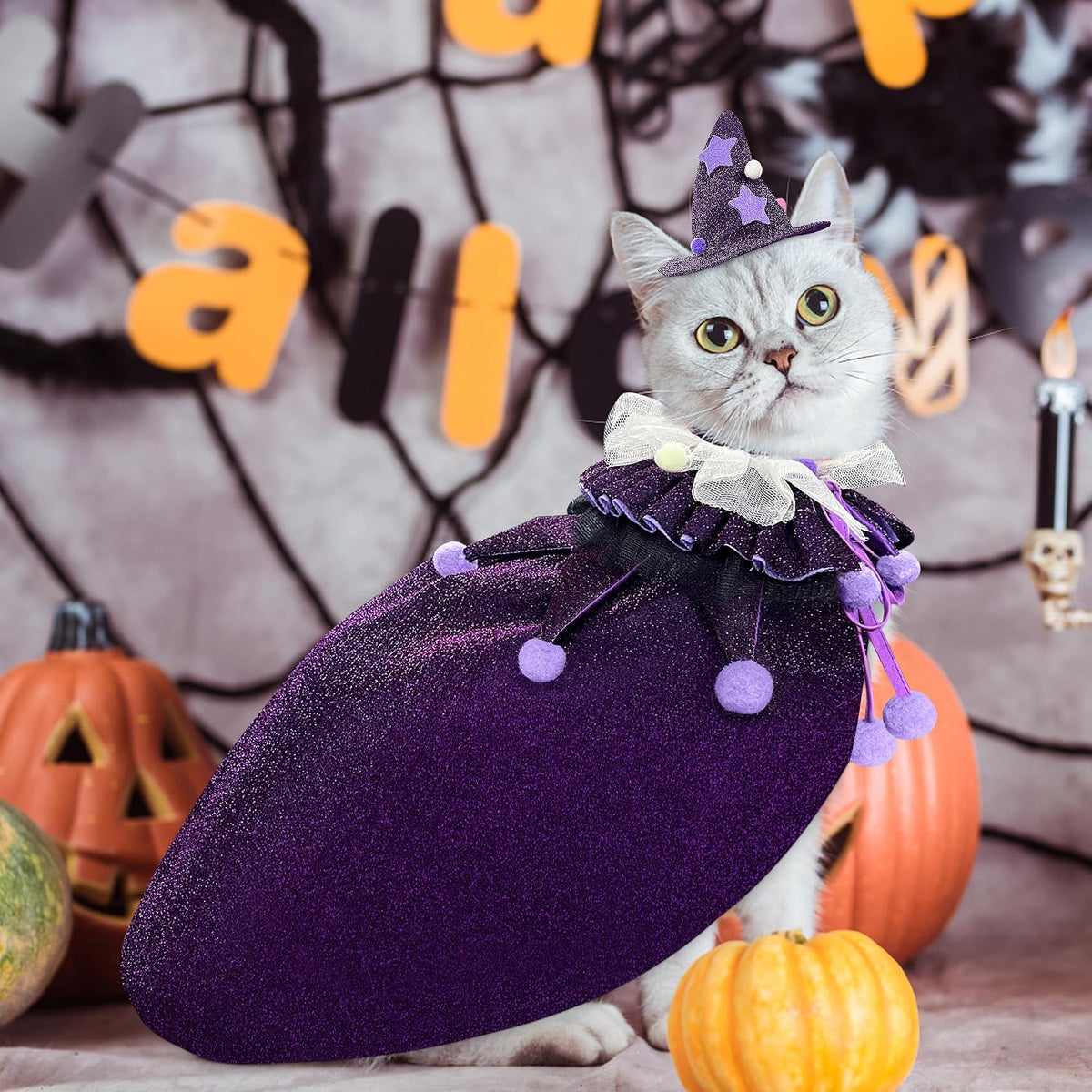 Pet Halloween Costume with Hat, Dog Clothes Cosplay Wizard Cloak for Small Puppy Kitten Animal, Shiny Cat Outfit Suit for Party Holiday Christmas, Purple