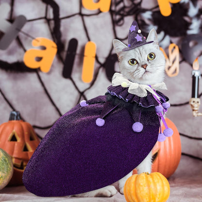 Pet Halloween Costume with Hat, Dog Clothes Cosplay Wizard Cloak for Small Puppy Kitten Animal, Shiny Cat Outfit Suit for Party Holiday Christmas, Purple
