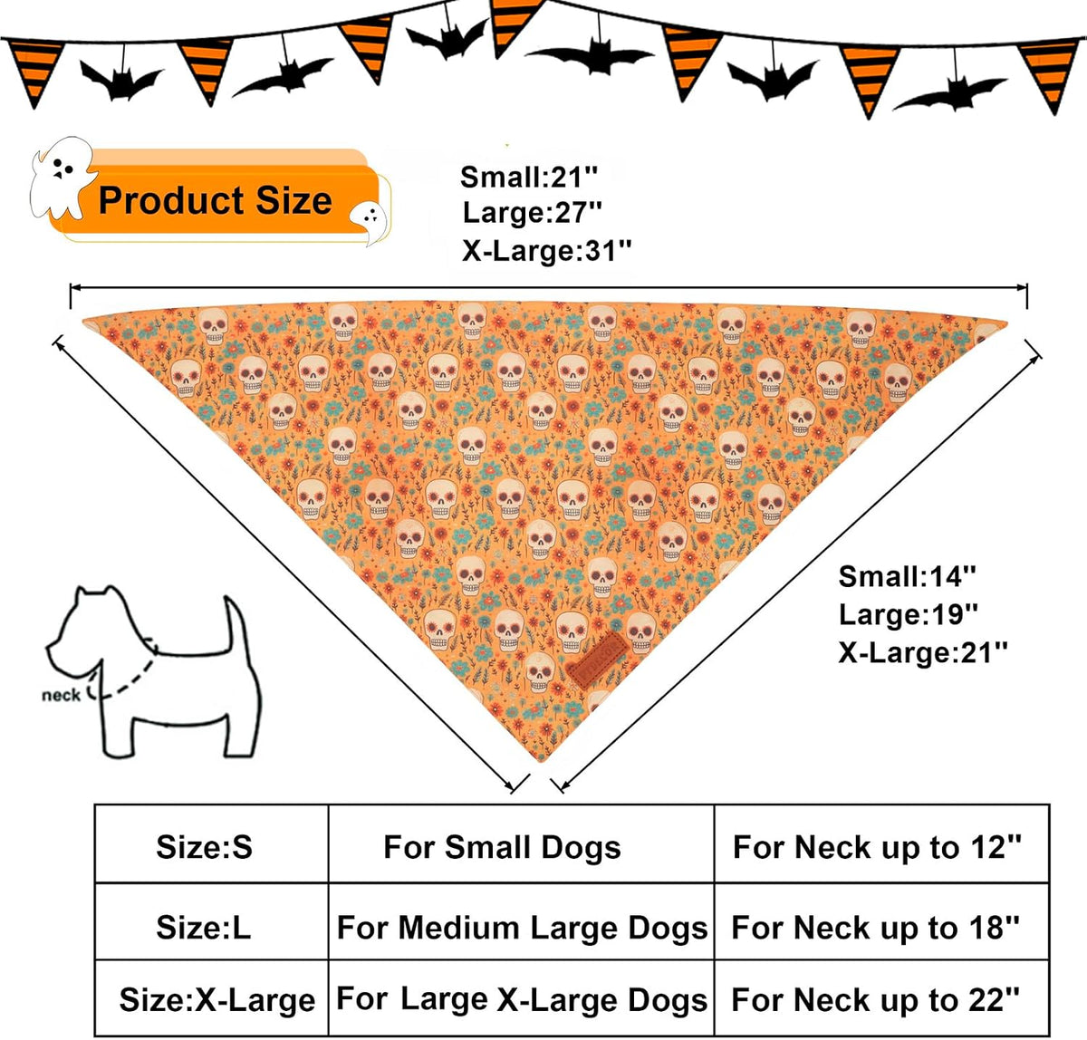 Halloween Dog Bandana, Skeleton Pumpkin Halloween Scarf, X-Large