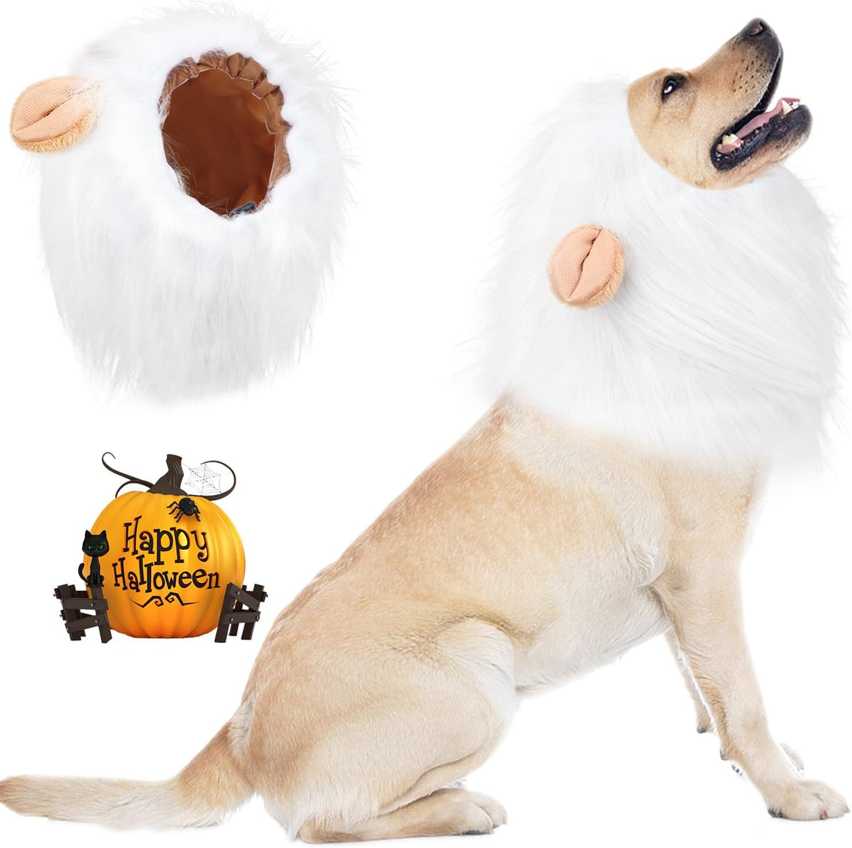 Lion Mane Dog Costume, Adjustable Lion Wig with Faux Fur for Medium Dogs, Halloween Dog Accessory Perfect for Parties, Photoshoots, and Role-Playing (Medium, White)