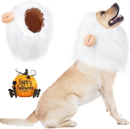 Lion Mane Dog Costume, Adjustable Lion Wig with Faux Fur for Medium Dogs, Halloween Dog Accessory Perfect for Parties, Photoshoots, and Role-Playing (Medium, White)