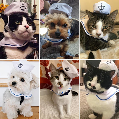 Cat Sailor Costume, Halloween Small Dog Sailor Hat Outfit with Tie, Adjustable Pet Navy Costume for Cats Doggies Rabbits Cosplay