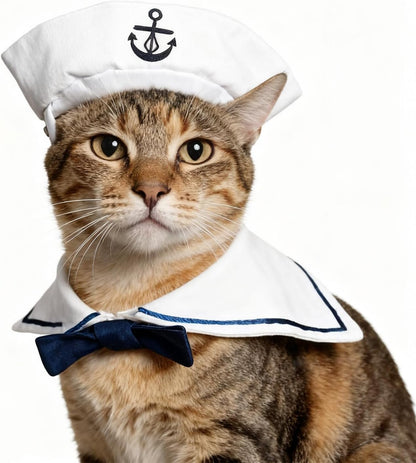 Cat Sailor Costume, Halloween Small Dog Sailor Hat Outfit with Tie, Adjustable Pet Navy Costume for Cats Doggies Rabbits Cosplay